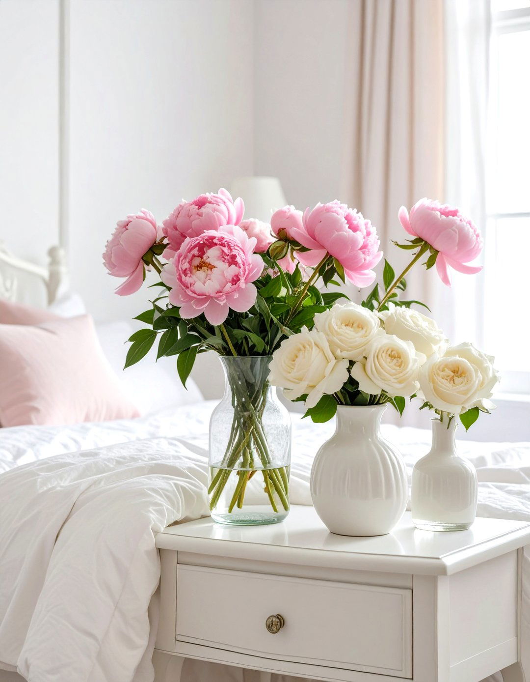 Firefly Create a high quality image with extra brightness of fresh pink peonies and white - 30 shabby chic bedroom ideas