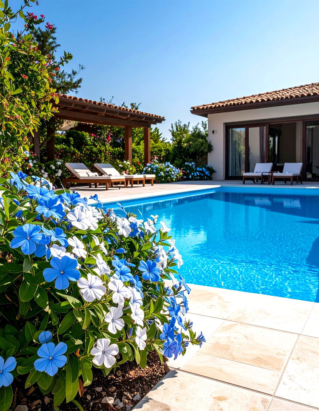 Firefly Create a high quality image with extra brightness of lush plumbago shrubs planted - 30 plumbago landscaping ideas