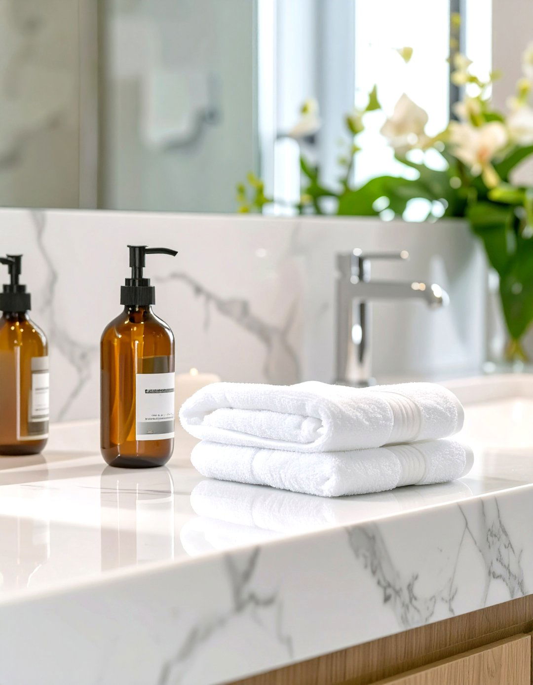 Firefly Create a high quality image with extra brightness of pristine clutter free marbl - 30 spa bathroom ideas