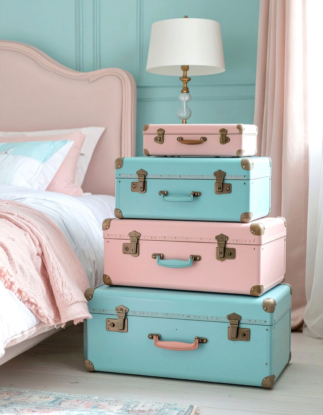 Firefly Create a high quality image with extra brightness of three stacked vintage suitca - 30 shabby chic bedroom ideas