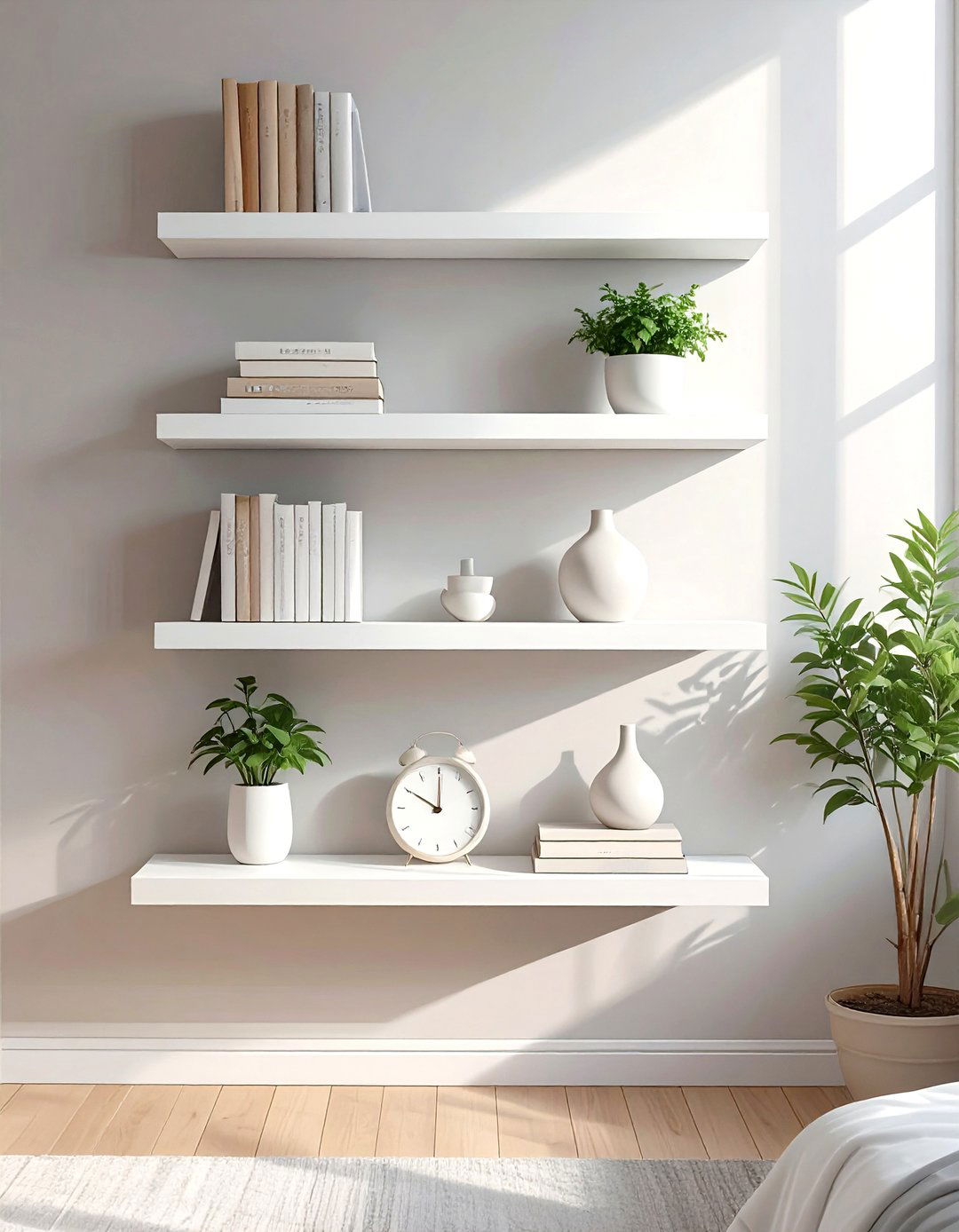 Firefly Create a high quality image with extra brightness of three white floating shelves - 30 small bedroom storage ideas
