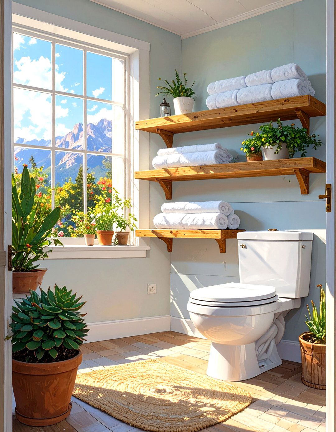 Firefly Create a high quality image with extra brightness of two light wood floating shel - 30 small master bathroom ideas