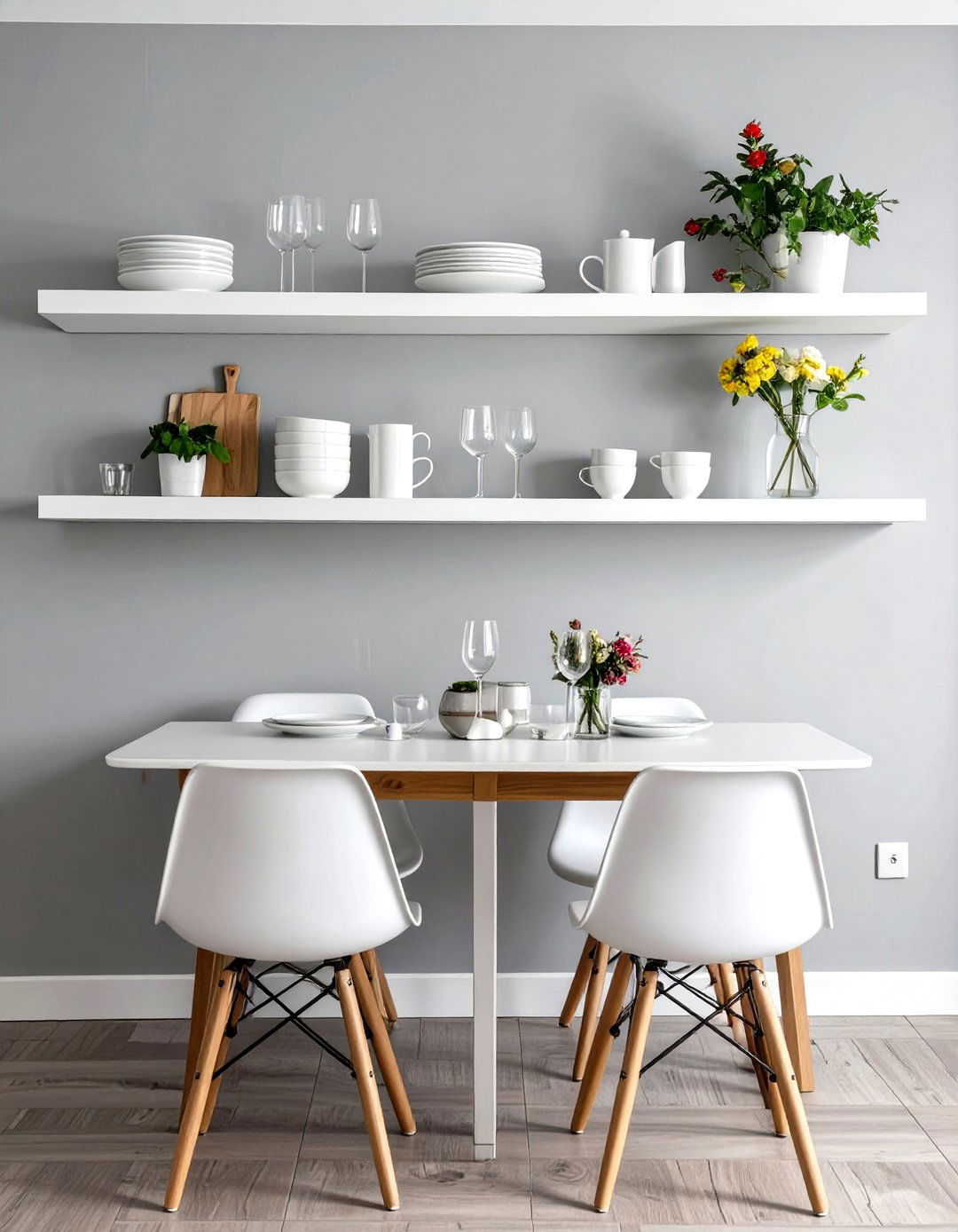 Firefly Create a high quality image with extra brightness of two long white floating she - 30 small dining room decorating ideas
