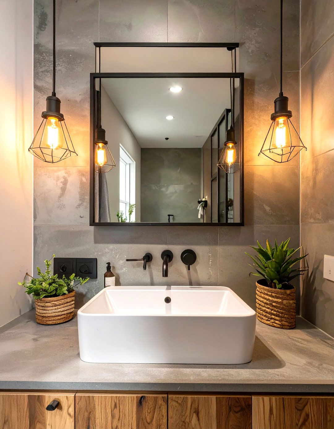 Firefly Create a high quality image with extra brightness of two slim black pendant ligh - 30 small master bathroom ideas