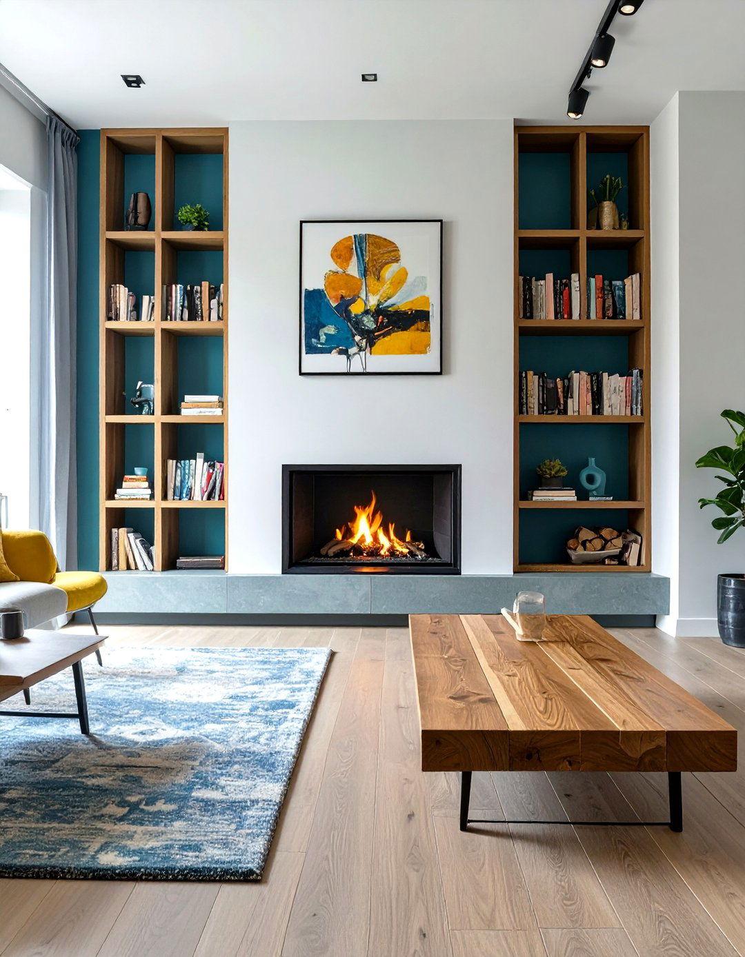 Fireplace with Asymmetrical Shelving - 30 small living room fireplace ideas