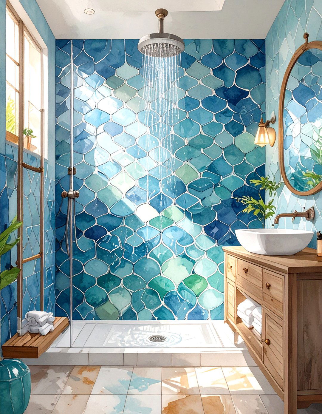 Fish Scale Tile Shower Surround - 30 shower surround ideas