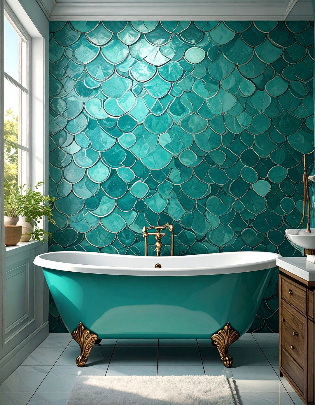 Fish Scale Tiled Bathroom Accent Wall - 30 tiled bathroom ideas