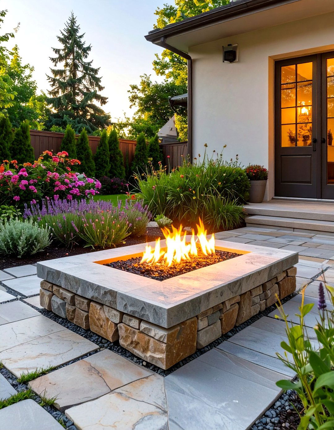 Flagstone Patio with Integrated Fire Pit - 30 simple backyard fire pit ideas