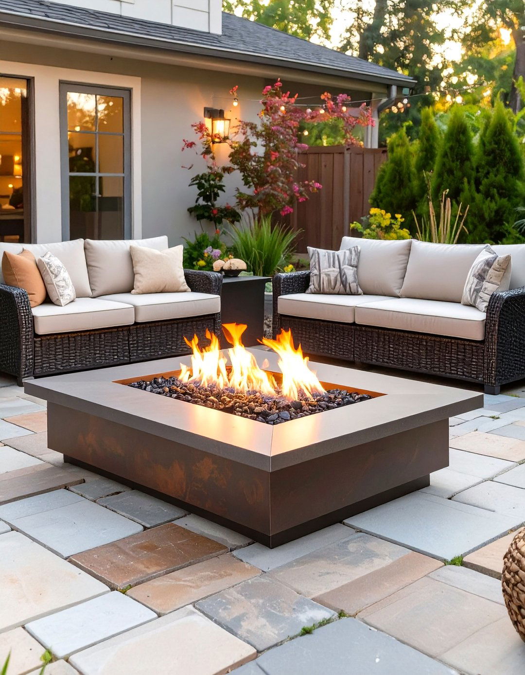 Flagstone Patio with a Propane Fire Table - 30 small backyard fire pit ideas landscaping