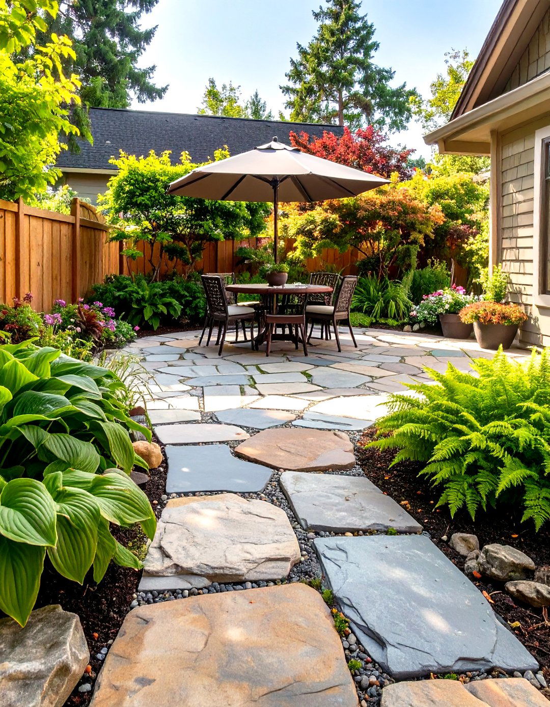 Flagstone Patio with a Seating Area - 30 side yard landscaping ideas