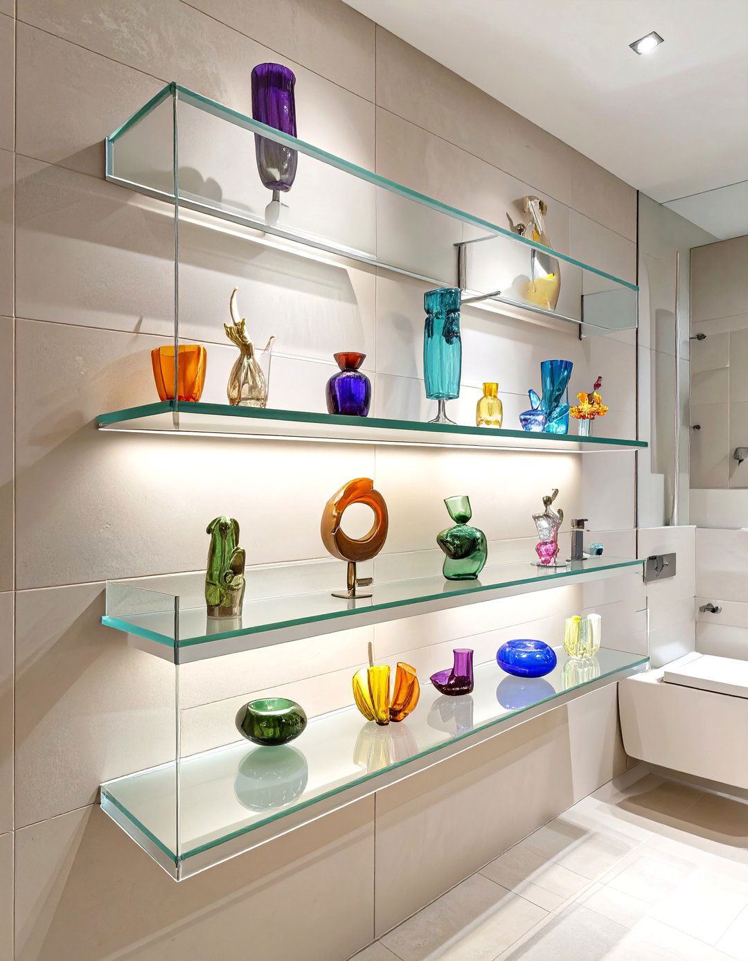 Floating Acrylic Shelves with Art Objects - 30 bathroom wall art ideas