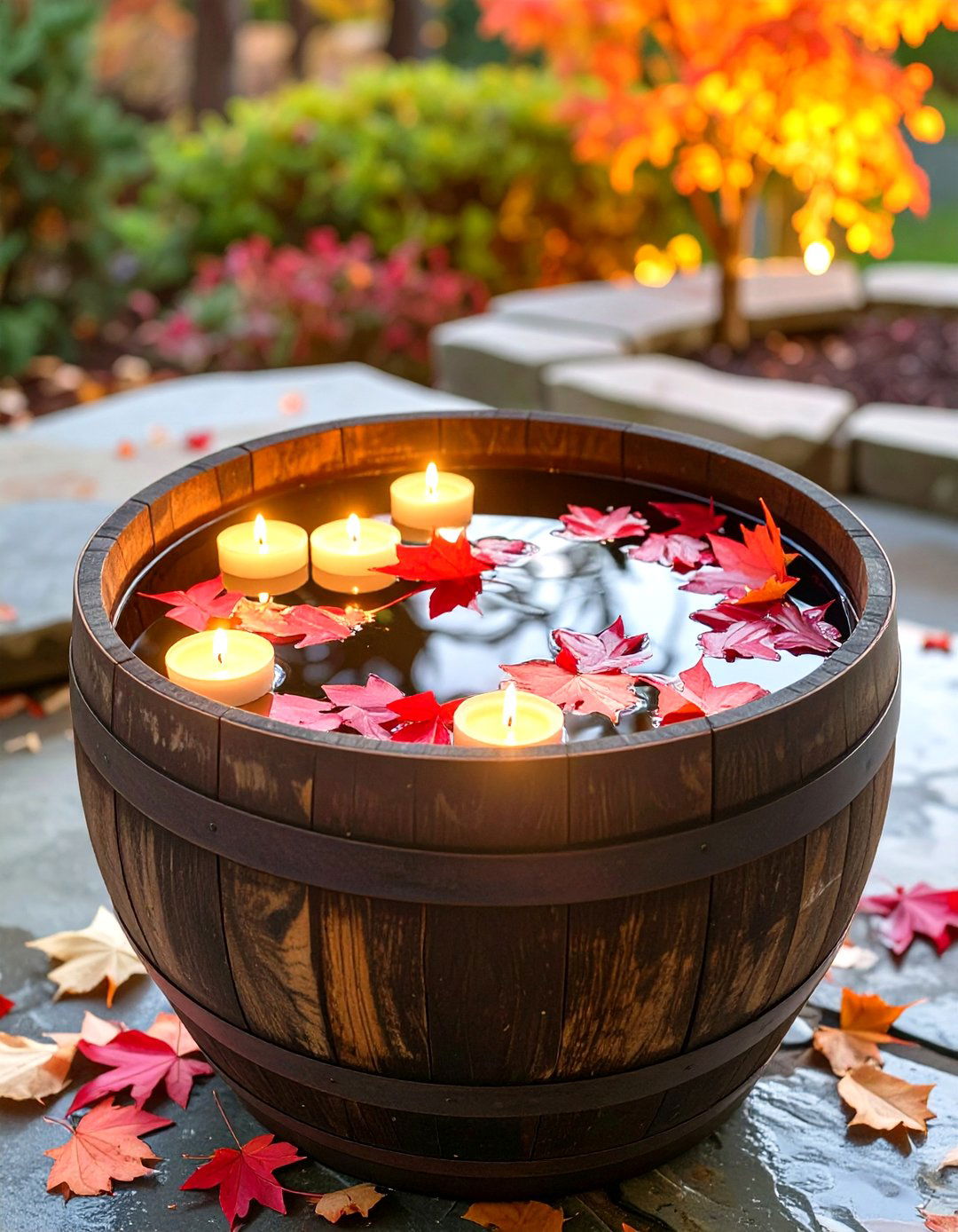 Floating Candles in a Water Filled Barrel - 30 outdoor fall decor ideas