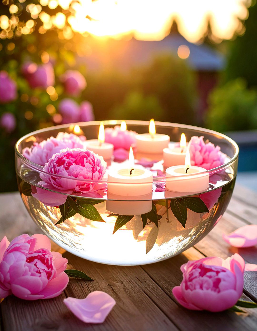 Floating Flower and Candle Bowl - 30 outdoor table decor ideas