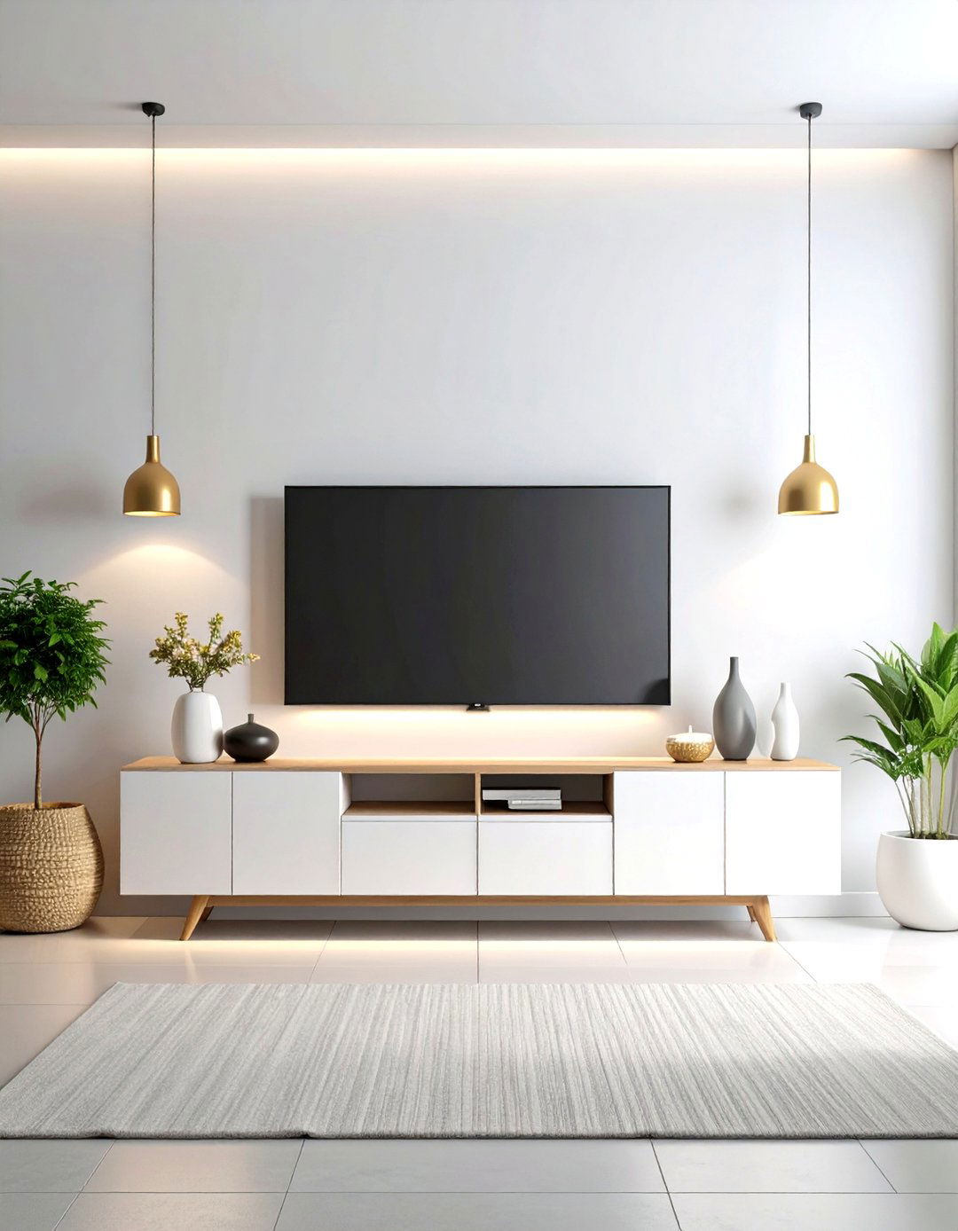 Floating Media Console with LED Backlighting - 30 living room tv wall ideas