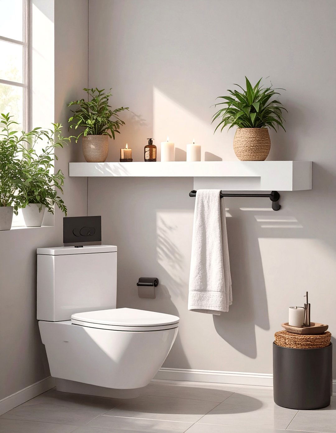 Floating Shelf with Underslung Bar - 30 bathroom towel hanging ideas