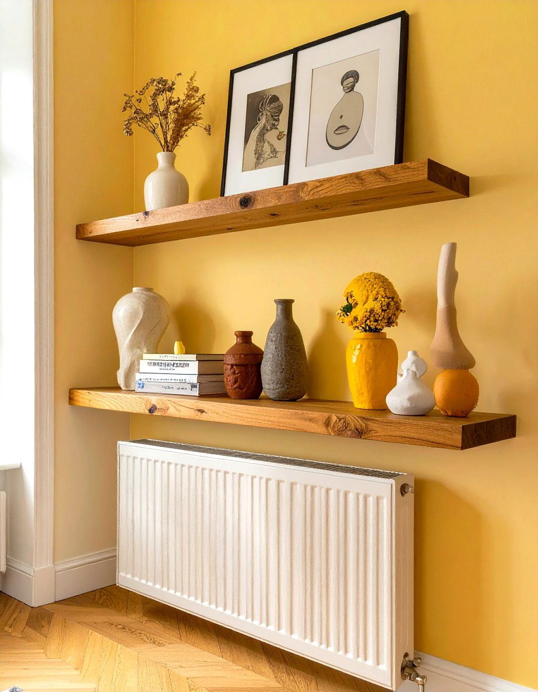 Floating Shelves Above the Radiator - 30 floating shelves ideas living room