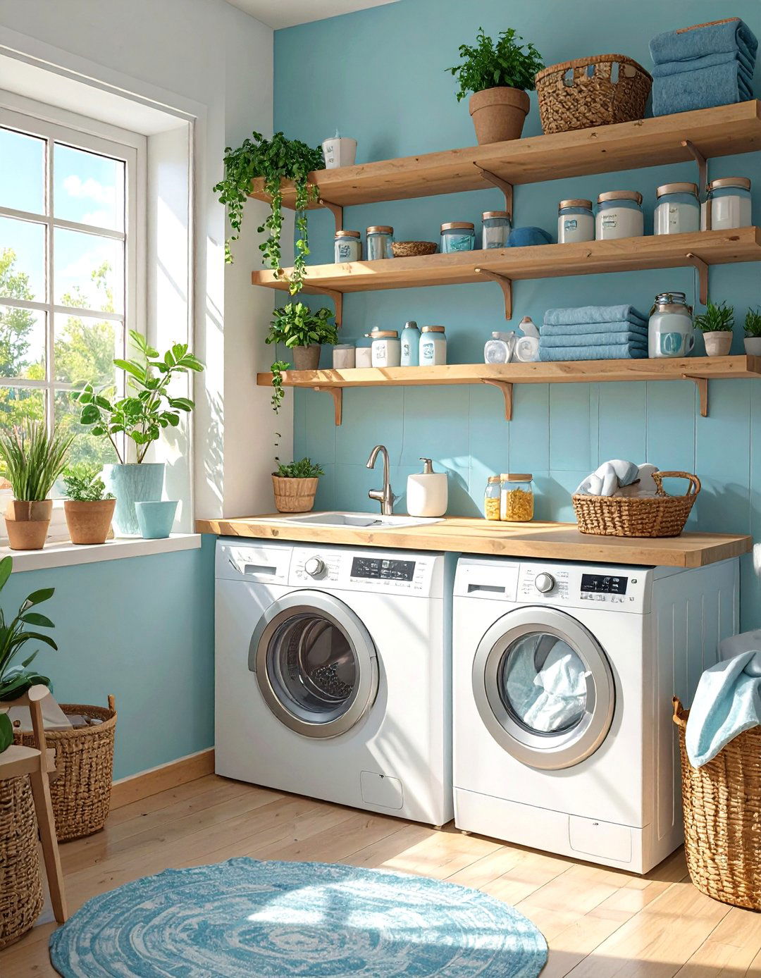 Floating Shelves Above the Washer and Dryer - 30 small laundry room design ideas