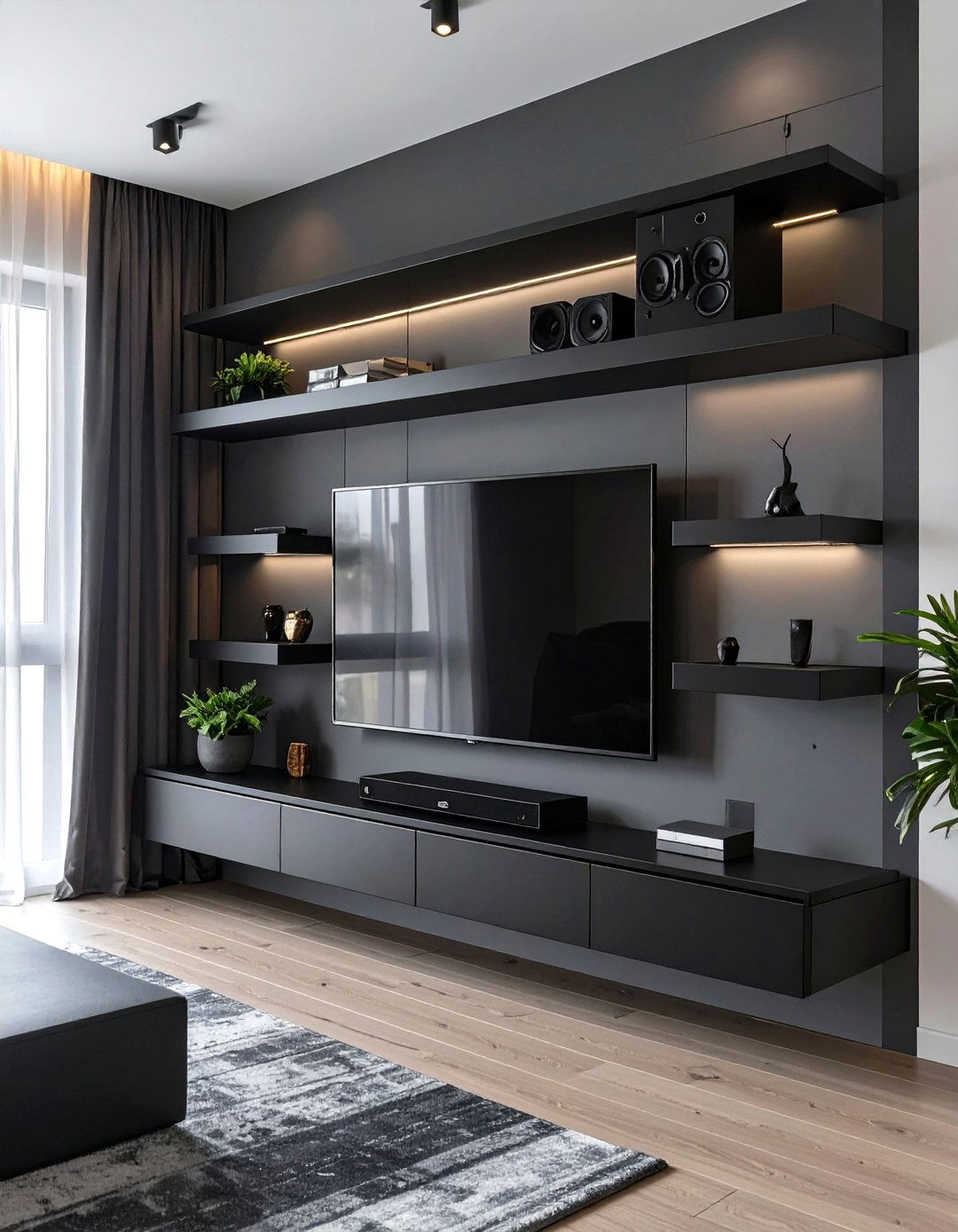 Floating Shelves Around the TV - 30 floating shelves ideas living room