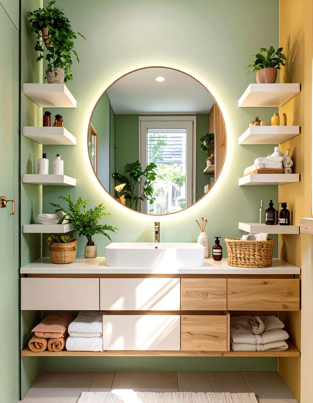 Floating Shelves Flanking a Vanity Mirror - 30 floating shelves bathroom ideas
