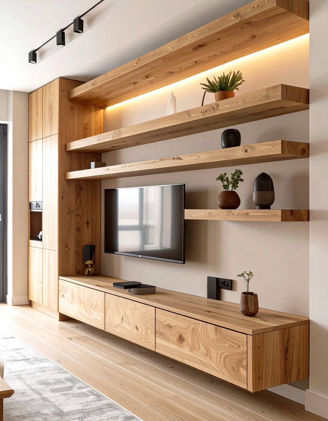 Floating Shelves Integrated with Cabinetry - 30 floating shelves ideas living room