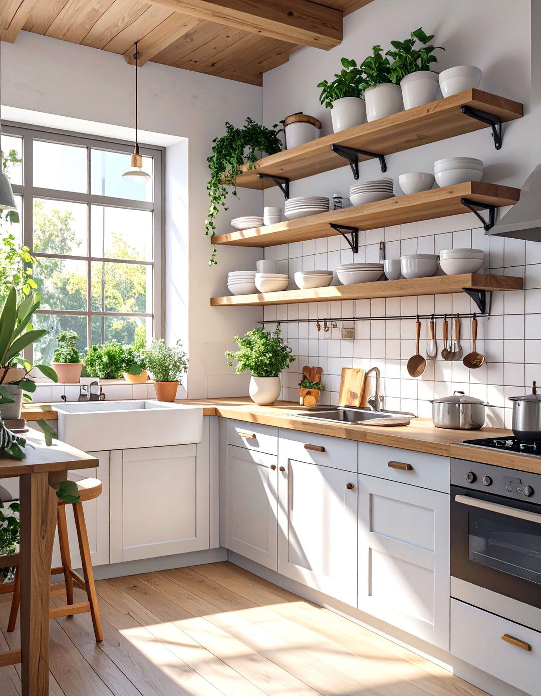 Floating Shelves for Open Storage - 30 very small open plan kitchen living room ideas