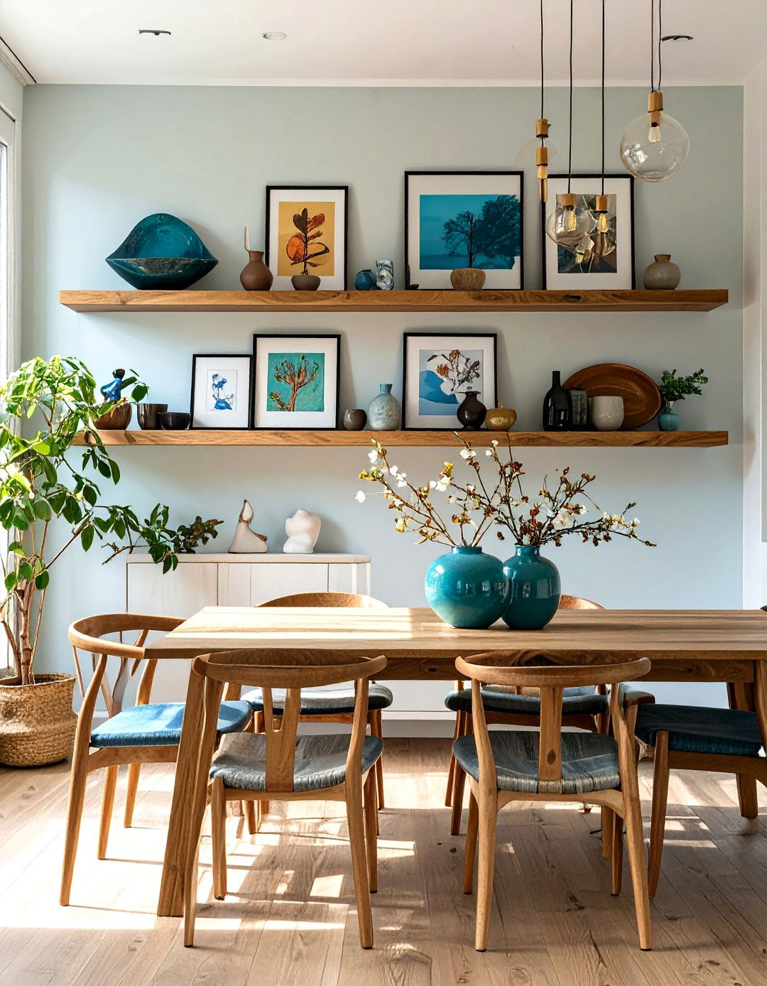 Floating Shelves with Art - 30 dining room art ideas