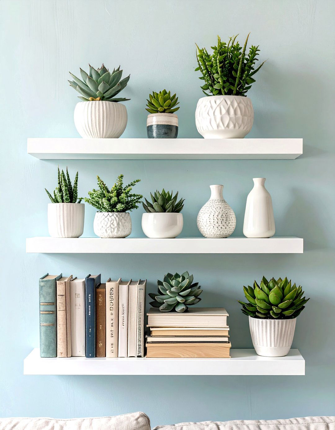 Floating Shelves with Curated Objects - 30 wall decoration ideas for living room