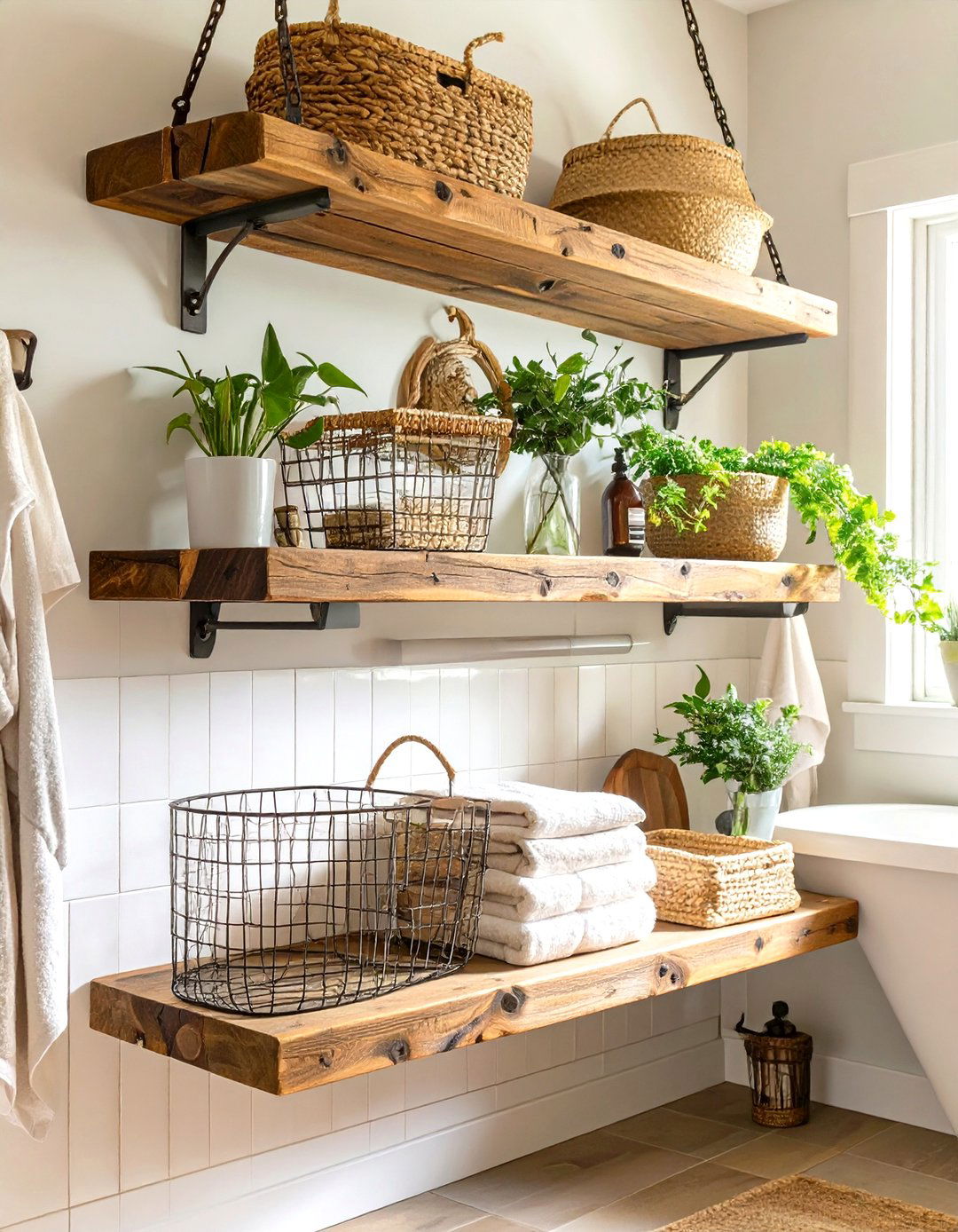 Floating Shelves with Hanging Baskets - 30 floating shelves bathroom ideas