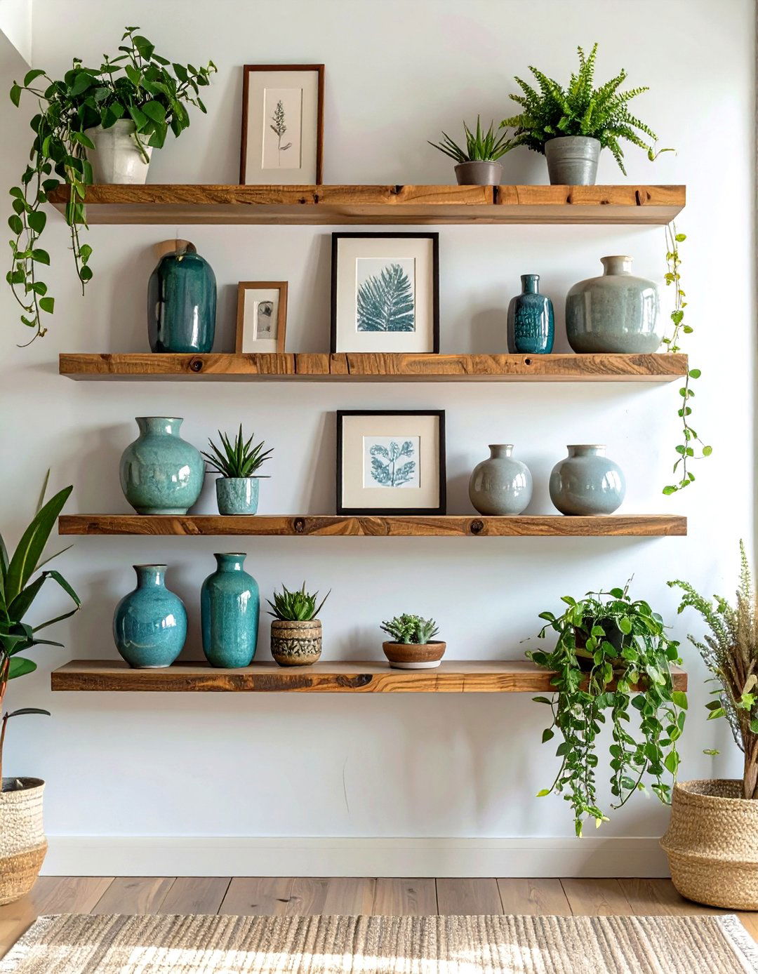 Floating Shelves with Layered Art - 30 wall pictures for living room ideas