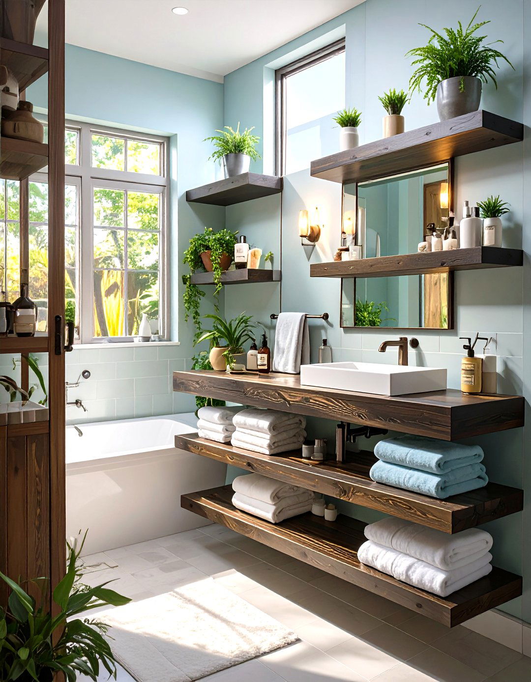 Floating Shelves with a Towel Bar - 30 floating shelves bathroom ideas