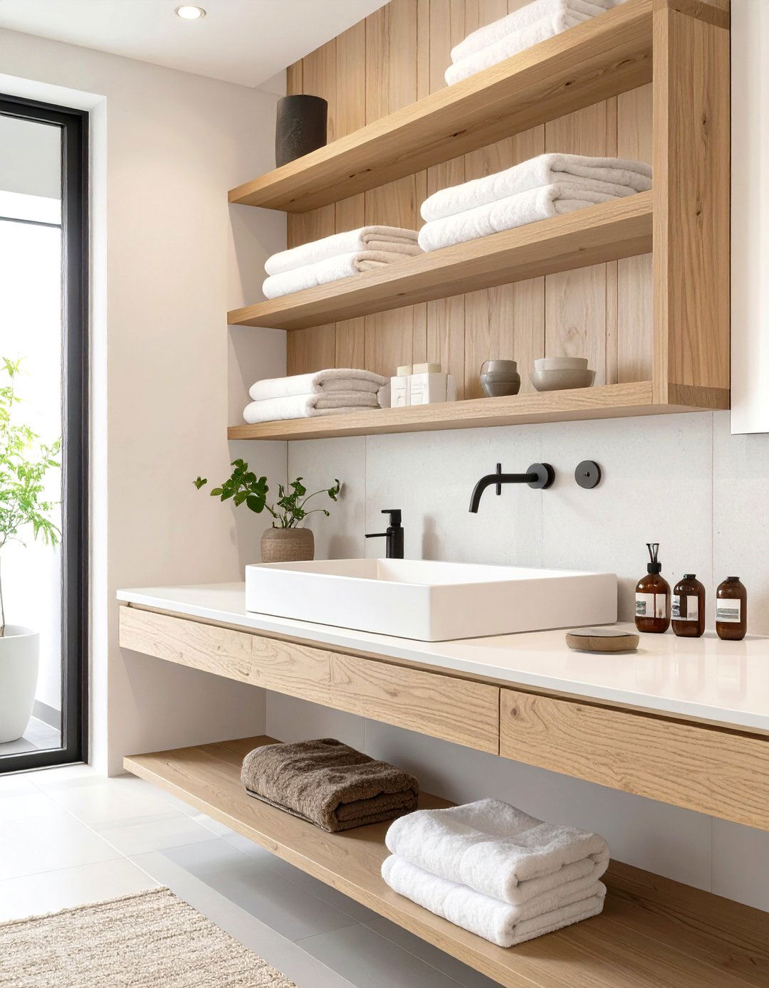 Floating Vanity and Open Shelving - 30 japanese bathroom design ideas