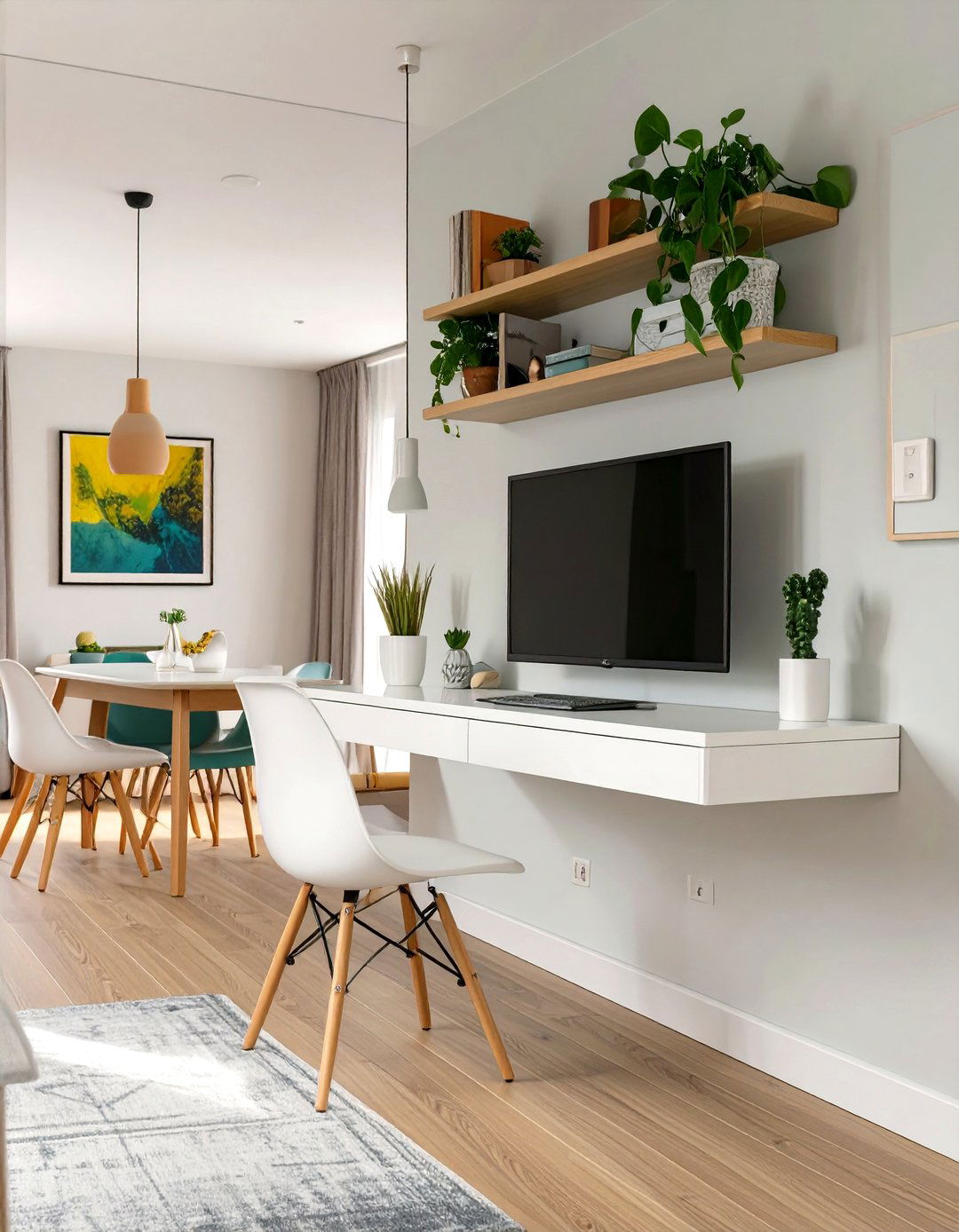 Floating Wall Desk as a Dual Purpose Dining Spot - 30 small living room ideas with tv and dining table