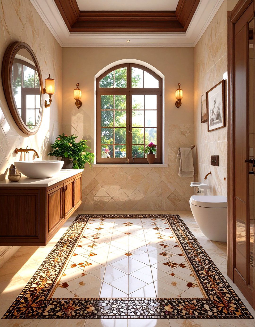Floor Tiles with a Decorative Border - 30 small bathroom floor tile ideas