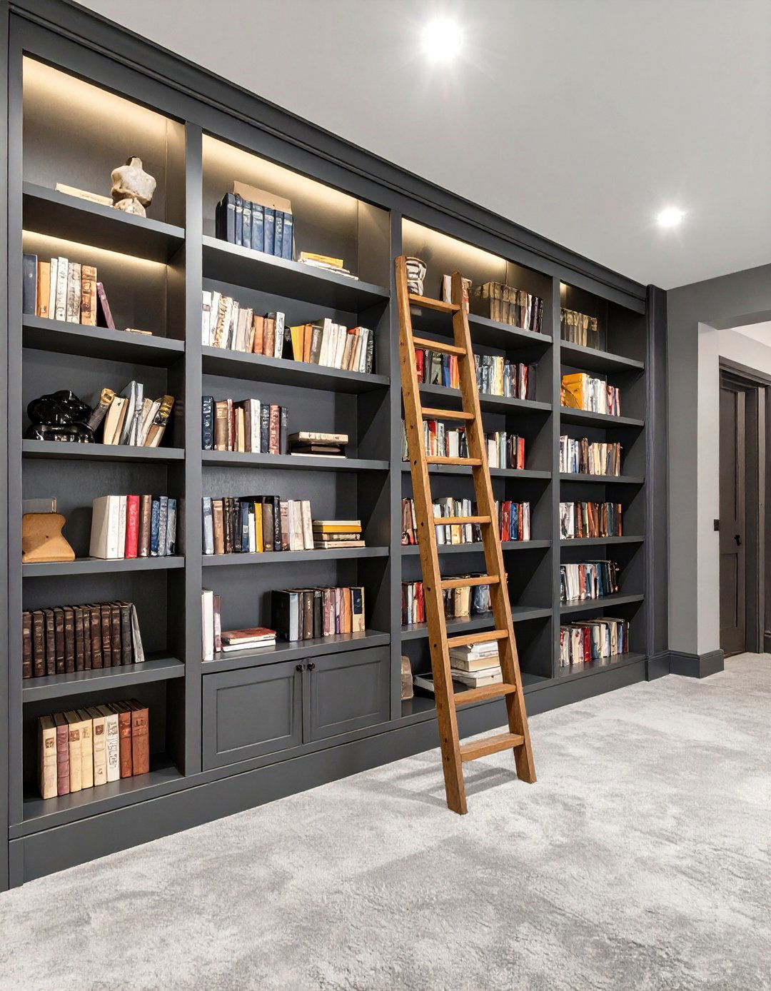 Floor to Ceiling Built In Library Wall - 30 basement shelving ideas