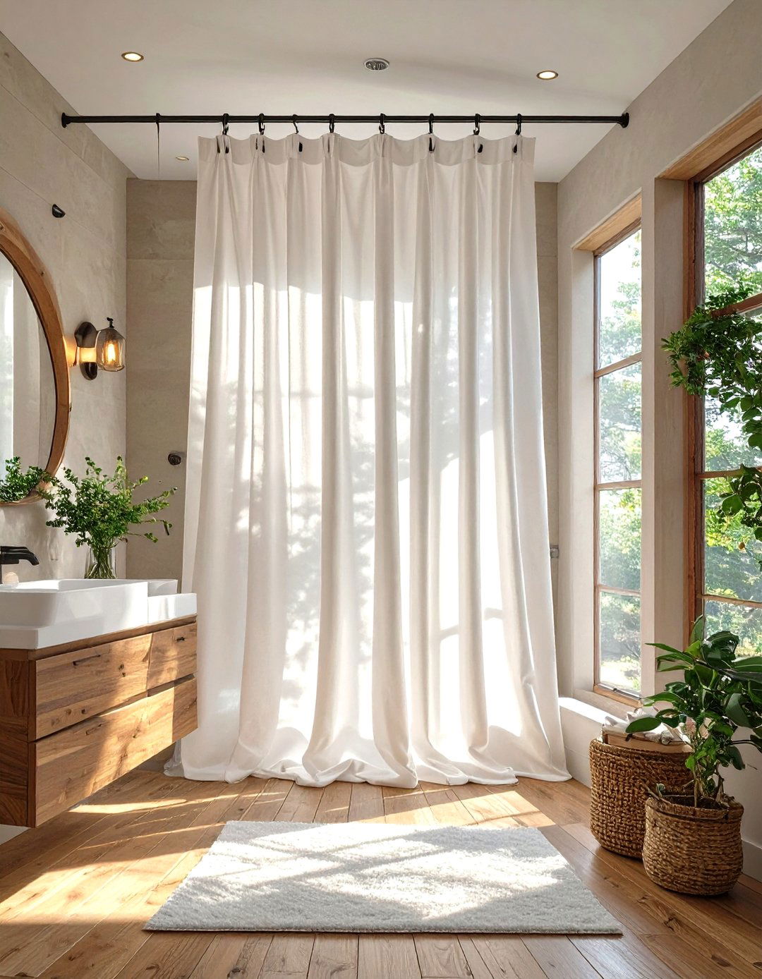 Floor to Ceiling Shower Curtain - 30 small modern bathroom ideas