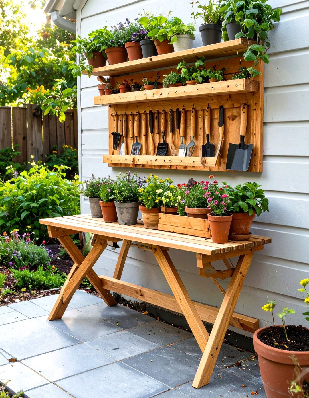 Fold Down Potting Bench - 30 small backyard garden ideas