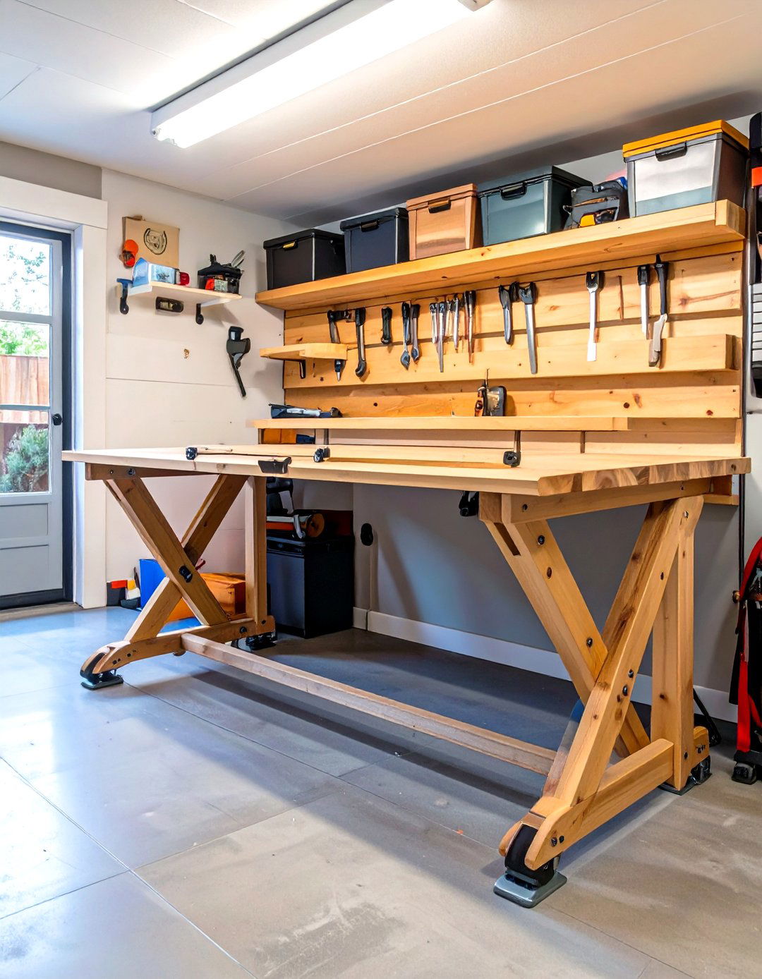Fold Down Wooden Workbench - 30 wood garage storage ideas
