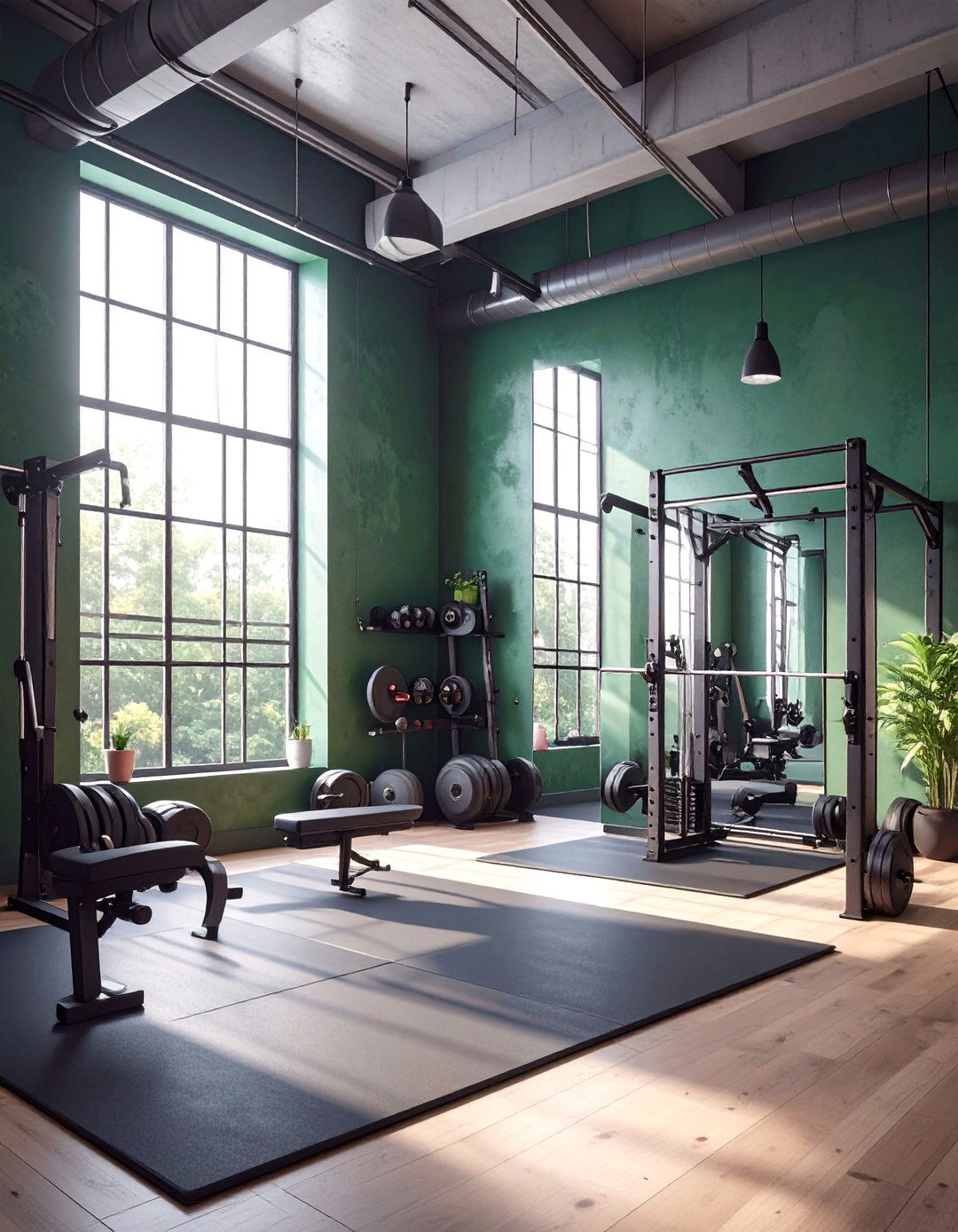 Forest Green and Black Industrial Gym - 30 modern basement color ideas decorating