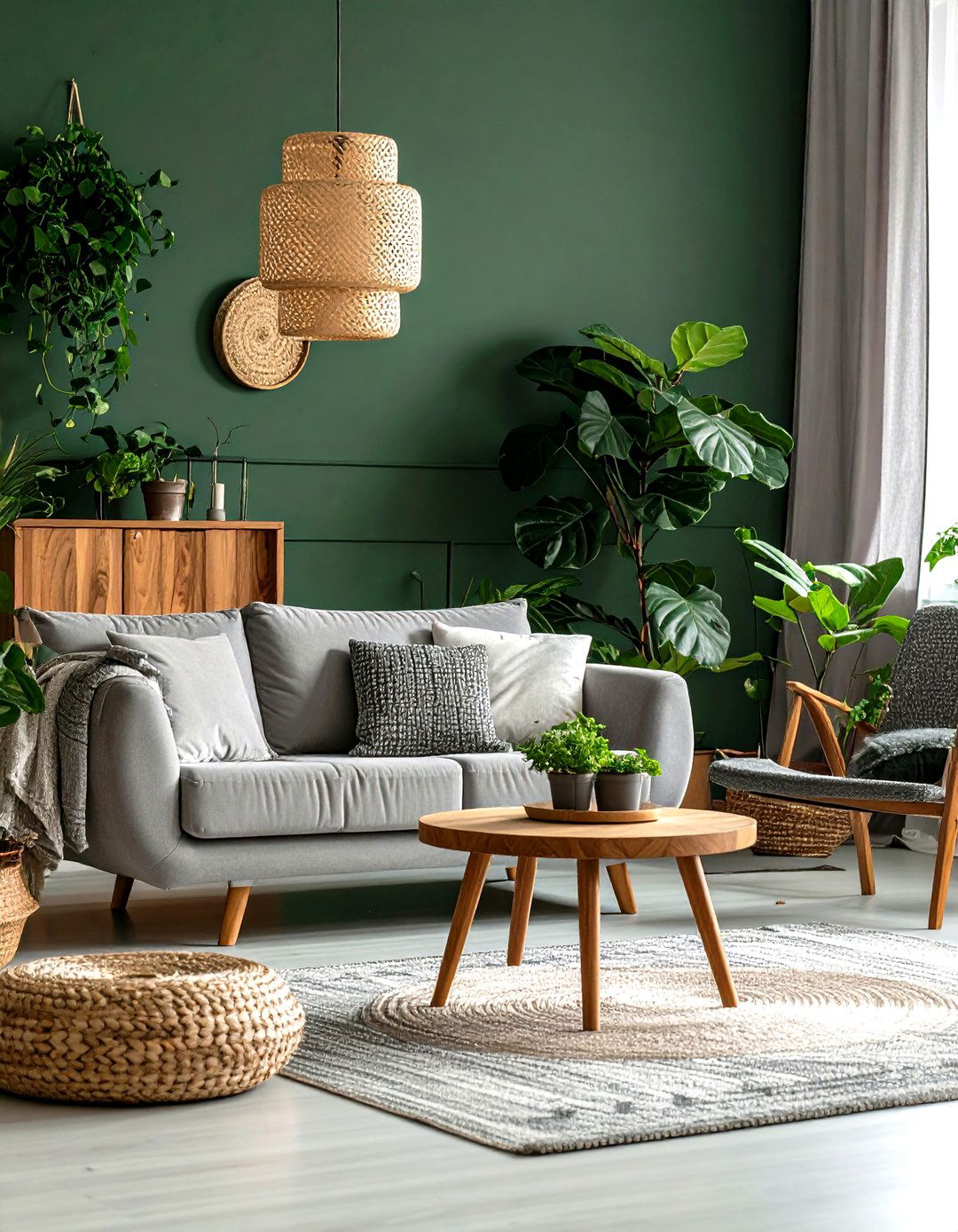 Forest Green and Grey Naturalism Living Room - 30 grey couch living room ideas