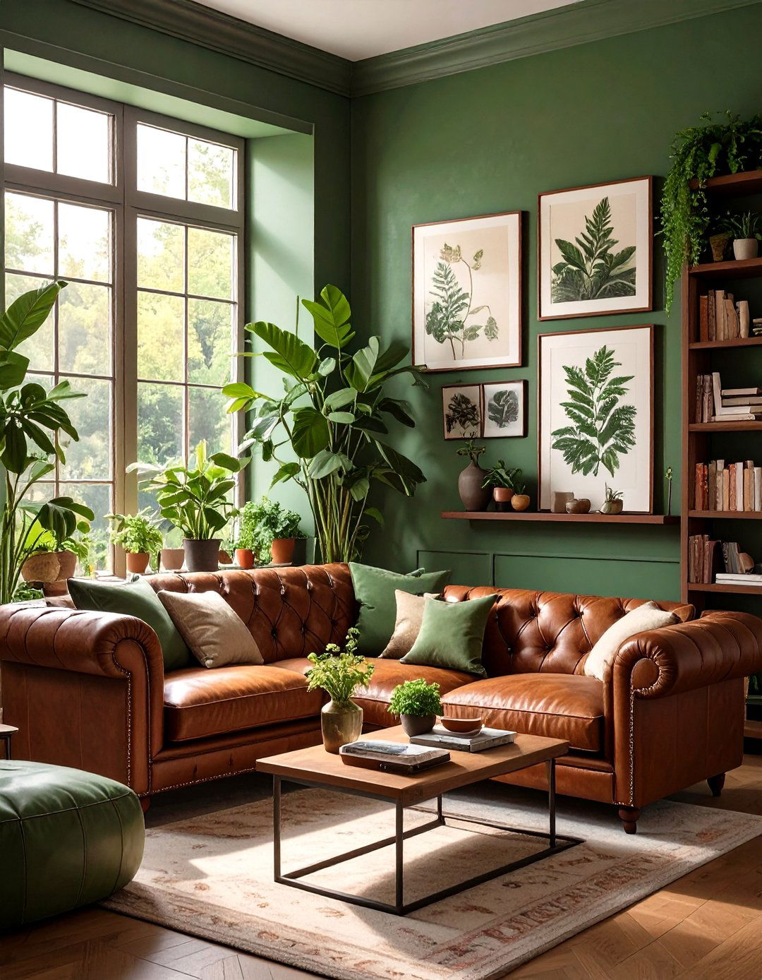 Forest Green and Leather Living Room - 30 moody living room ideas
