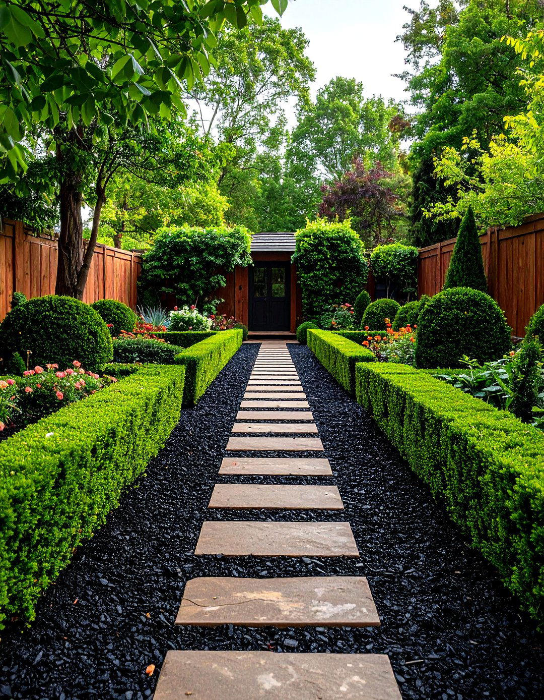 Formal Garden with Fine Black Mulch - 30 front yard mulch ideas