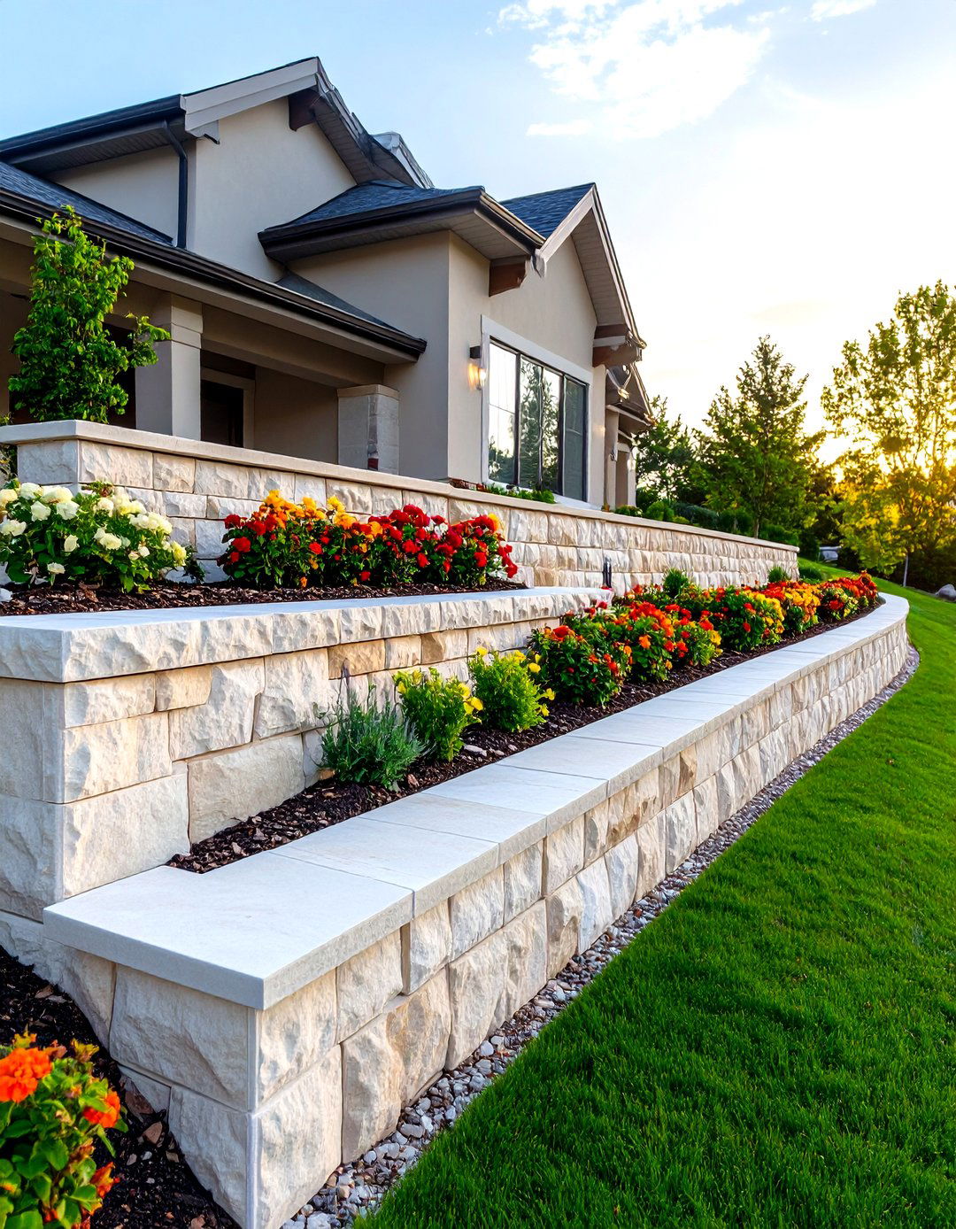 Formal Limestone Block Retaining Wall - 30 retaining wall ideas for sloped front yard