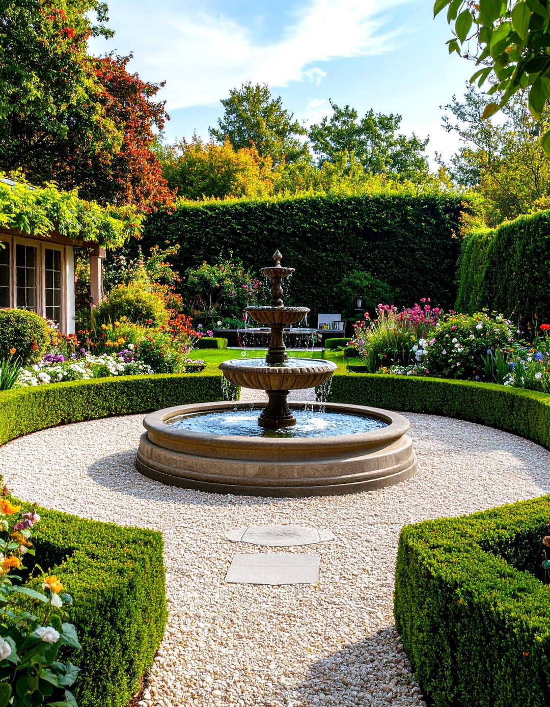 Formal Pea Gravel Patio with Boxwood Hedges - 30 pea gravel patio ideas