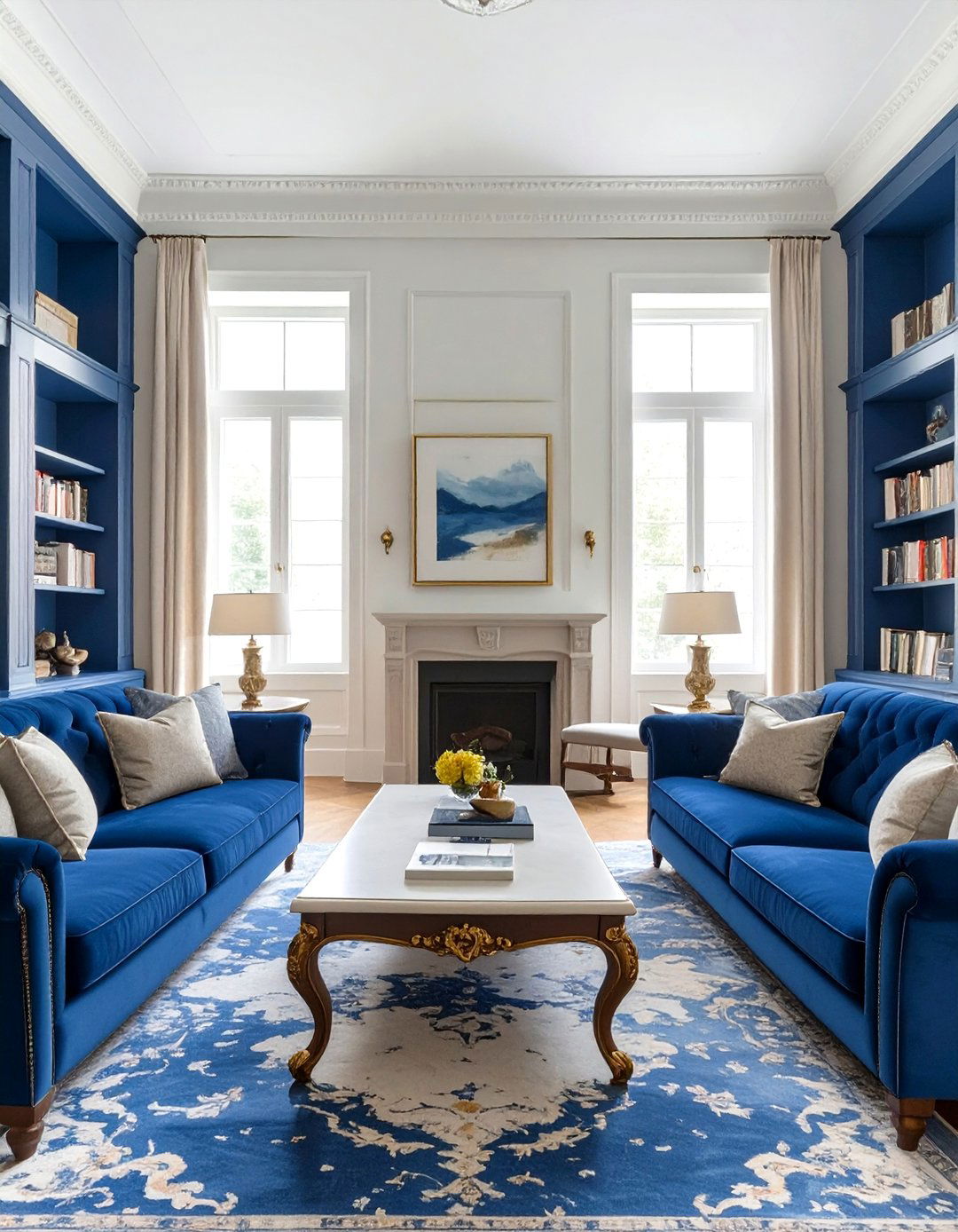 Formal and Symmetrical Living Room - 30 blue couch living room ideas
