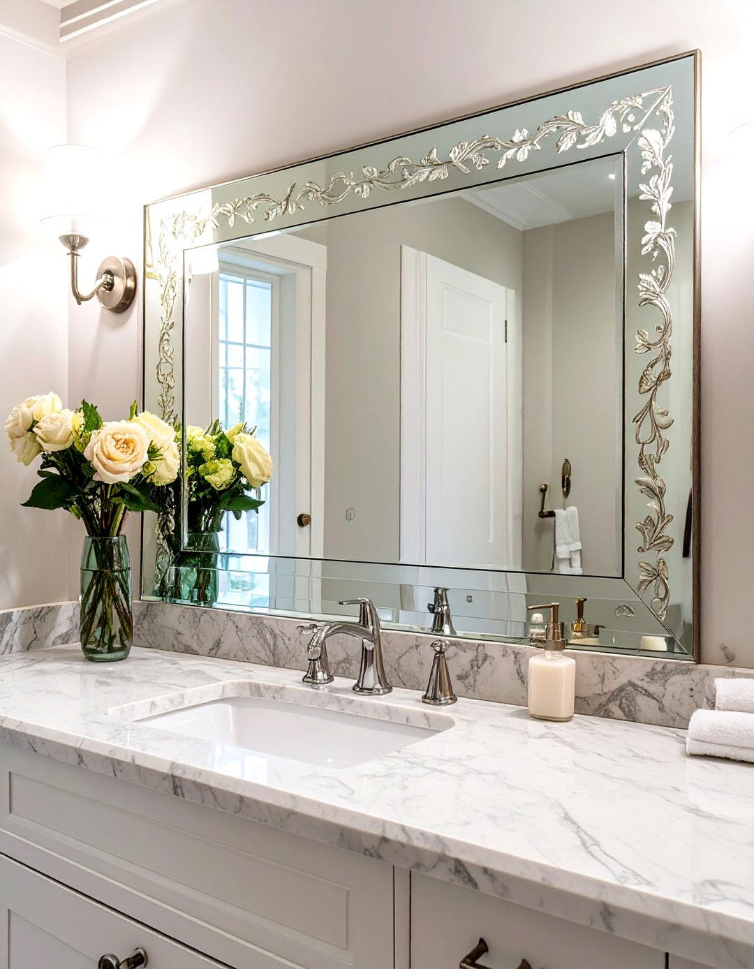 Frameless Mirror with Etched Border - 30 bathroom mirrors ideas