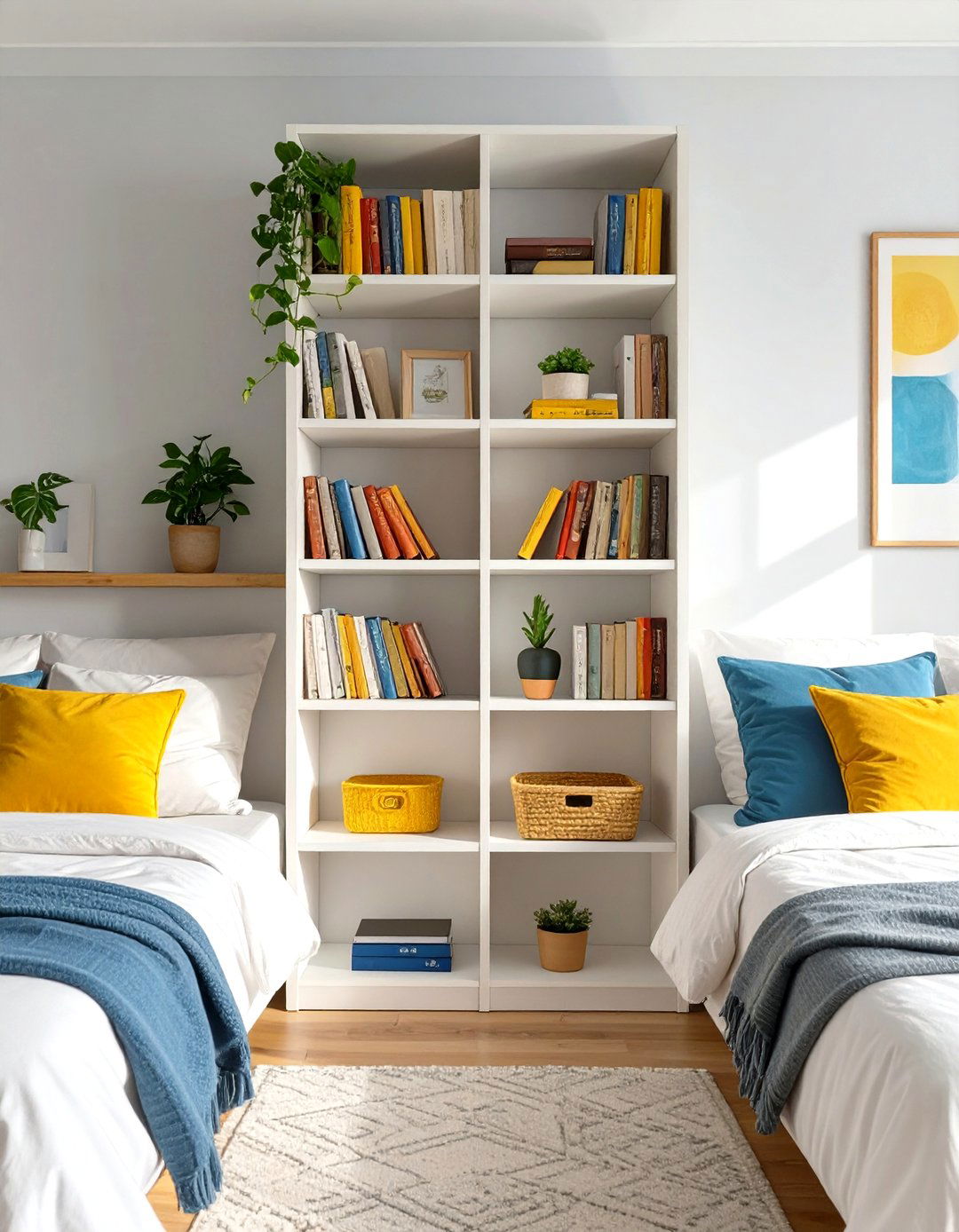 Freestanding Bookshelf as a Room Divider - 30 shared bedroom ideas for small rooms