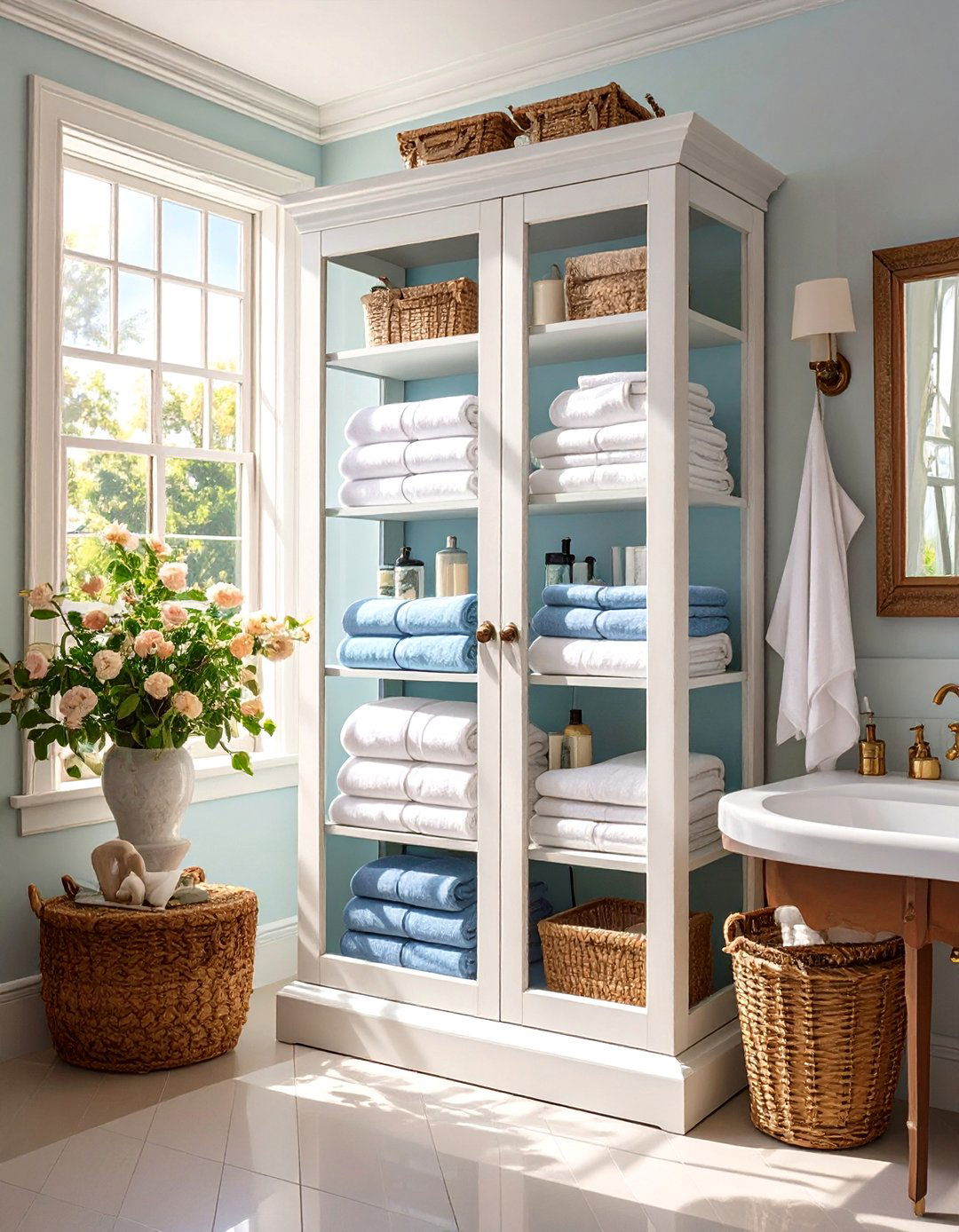 Freestanding Glass Front Linen Tower - 30 bathroom linen closet ideas