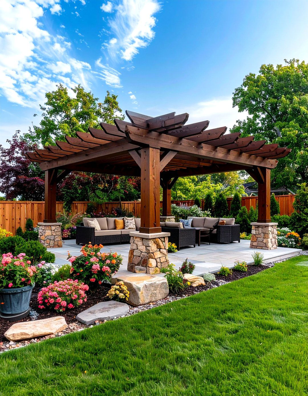 Freestanding Patio Pergola with Stone Pillars - 30 pergola ideas for patio