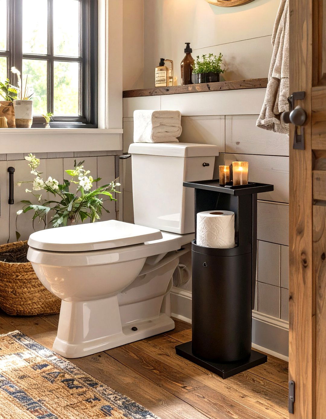 Freestanding Toilet Paper Holder in a Small Farmhouse Bathroom - 30 small farmhouse bathroom ideas