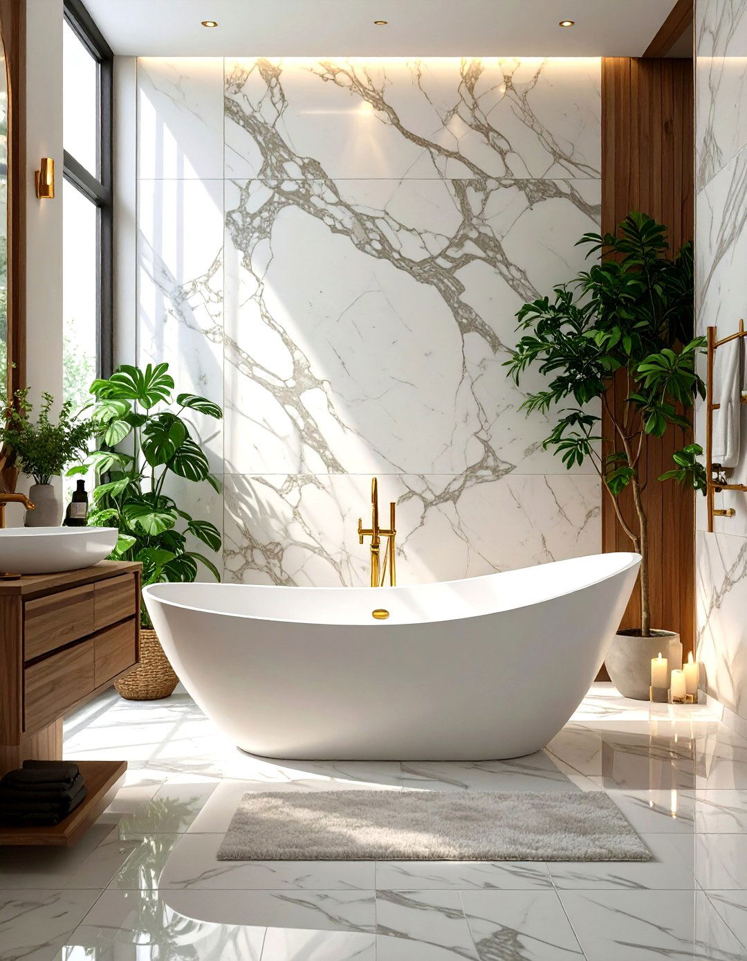 Freestanding Tub with Marble Backdrop - 30 marble bathroom ideas